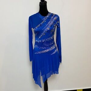 Elegant Blue asymmetrical, rhinestone ice-skating dress